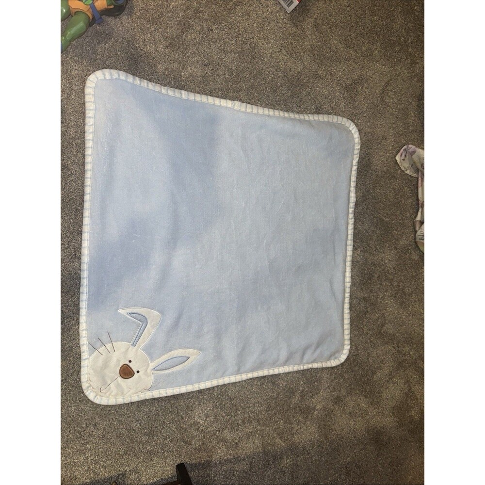 Pitter Patter Baby Blanket Lovey Blue White Bunny Corner Plush Super Soft 30x30”